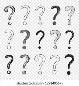 Vector Doodle Hand Drawn Question Marks Set Isolated on Light Transparent Background, Black Drawings.