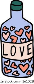 Vector doodle hand drawn rectangle flask or bottle with magic potion. outline icon. label with the word Love. Lettering. isolated on white background
