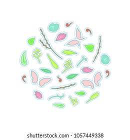 Vector doodle hand drawn seamless pattern. Various leaves, stems and butterflies on white background. Soft spring colors