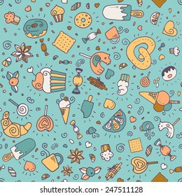 Vector doodle hand drawn seamless pattern with desserts. Cupcake, ice cream, candy, lollipop. Restaurant menu or tea party background.  Eps10