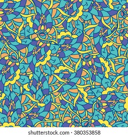 Vector doodle hand drawn seamless pattern. Endless texture with abstract flowers. Bright backdrop. Summer template. For wallpaper,web page background, fabric, wrapping. Blue colors. Floral elements. 