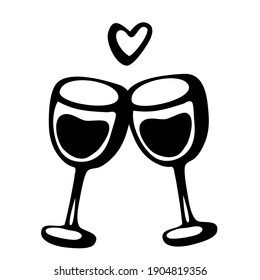 Vector doodle hand drawn sketch black illustration of two wine glasses couple love drink symbol sign line icon on white background
