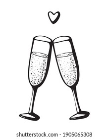 Vector doodle hand drawn sketch black illustration of two champagne glasses couple love drink cheers symbol sign line icon on white background
