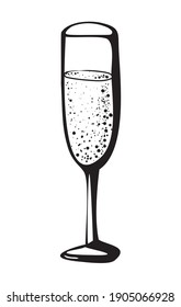 Vector doodle hand drawn sketch black illustration of champagne glass, sparkling wine drink cheers symbol sign line icon on white background
