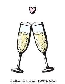 Vector doodle hand drawn sketch ink illustration of two champagne glasses couple love drink cheers symbol sign line icon on white background. Valentines day card, postcard