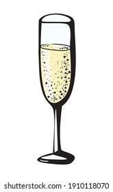 Vector doodle hand drawn sketch black yellow illustration of champagne glass, sparkling wine drink cheers on white background