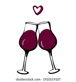 Vector doodle hand drawn sketch black and red illustration of two wine glasses couple love drink on white background. Valentines day postcard, anniversary greeting card