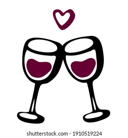 Vector doodle hand drawn sketch black and red illustration of two wine glasses couple love drink on white background. Valentines day postcard, anniversary greeting card