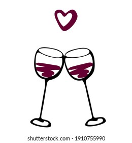 Vektor Doodle handgezeichnet Skizze schwarz und rote Illustration von zwei Weingläsern Paar Liebe Getränk auf weißem Hintergrund. Valentinstag-Postkarte, Jubiläumsgrußkarte