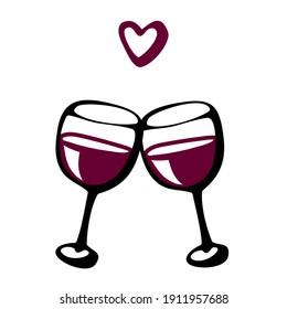 Vector doodle hand drawn sketch black and red illustration of two wine glasses couple love drink on white background. Valentines day postcard, anniversary greeting card
