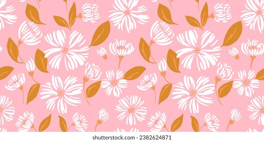 Vector doodle hand drawn sketch flowers seamless pattern. Abstract simple pink floral background. Template for design, textile, fashion, surface design, fabric, interior decor, wallpaper