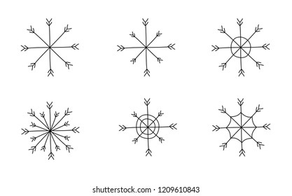 vector doodle hand drawn snowflake of different types isolated on white