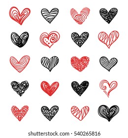 Vector Doodle Hand Drawn Valentine Hearts Set, Isolated On White. Romantic Decor Elements.
