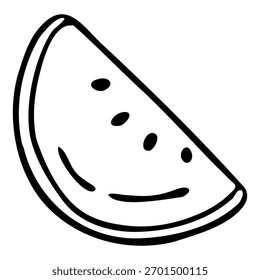 Vetor doodle mão desenhada melancia comida fruta fatia baga clip arte tinta fineliner caneta gráfico design. Esta ilustração é um esboço de arte em linha preta minimalista com uma única peça de melancia