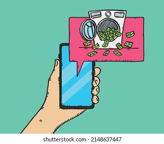 Vector doodle of a hand holding a phone with money laundering on screen. Sketch style illustration.