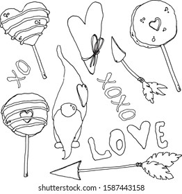 Vector doodle hand lettering for valentines day lollipop, gnome, arrows, xoxo. Suitable for adults, children's coloring. Prints, cards, posters, wrapping paper.