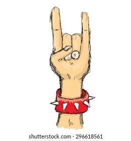 vector doodle hand sign rock n roll music on white. rock n roll icon