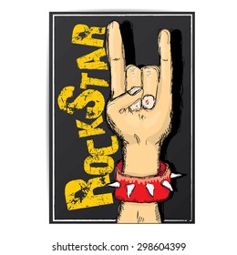 vector doodle hand sign rock n roll music on white. rock n roll icon. Rock concert poster design template
