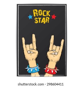 vector doodle hand sign rock n roll music on white. rock n roll icon. Rock concert poster design template
