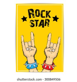 vector doodle hand sign rock n roll music on white. rock n roll icon. Rock concert poster design template