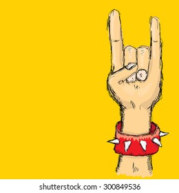 vector doodle hand sign rock n roll music on white. rock n roll icon. Rock concert poster design template