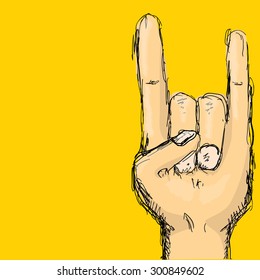 vector doodle hand sign rock n roll music on white. rock n roll icon. Rock concert poster design template
