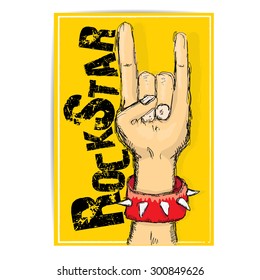 vector doodle hand sign rock n roll music on white. rock n roll icon. Rock concert poster design template