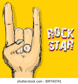 vector doodle hand sign rock n roll music. rock n roll icon. Rock concert poster design template. rock star print
