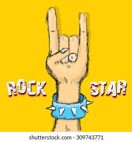 vector doodle hand sign rock n roll music. rock n roll icon. Rock concert poster design template. rock star print