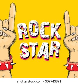vector doodle hand sign rock n roll music. rock n roll icon. Rock concert poster design template. rock star print