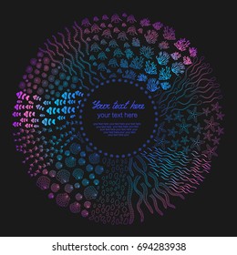 Vector doodle hand-draw round frame with sea ornament