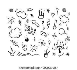 Vector doodle handdrawn abstract icons  illustration, black lines isolated on white background, abstract shapes.