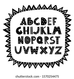 Vector doodle hand-drawn black and white alphabets with frame. Children's poster with a cute Scandinavian style alphabet.Lovely letters. Lettering. Nursery poster with hand drawn letters. Abc.