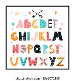 Vector doodle hand-drawn colored alphabets with frame. Children's poster with a cute Scandinavian style alphabet.Lovely letters. Lettering. Nursery poster with colored hand drawn letters. Abc.