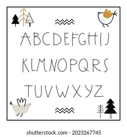 Alfabetos coloreados a mano con doodle vectorial con marco. Afiche infantil con un bonito alfabeto de estilo escandinavo. Bonitas letras. Dejando. Afiche de guardería con letras dibujadas a mano de colores. Abc.