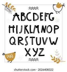 Vector doodle hand-drawn colored alphabets with frame. Children's poster with a cute Scandinavian style alphabet.Lovely letters. Lettering. Nursery poster with colored hand drawn letters. Abc.