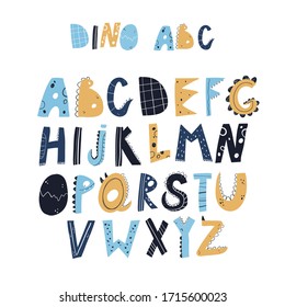 Vector doodle hand-drawn colored dino alphabets . Children's poster with a cute Scandinavian style alphabet.Lovely letters. Lettering. Nursery poster with colored hand drawn letters. Abc.
