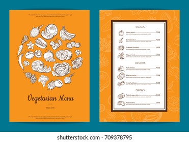 Vector doodle handdrawn fruits and vegetables vegan food menu template with frame