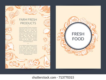 Vector doodle handdrawn fruits and vegetables vegan, healthy food card, brochure, flyer template, banner poster illustration