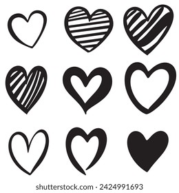 Vector doodle hand-drawn grunge black hearts set isolated on white background,vector eps10