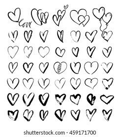Vector doodle hand-drawn grunge black hearts set, hand drawn heart symbols