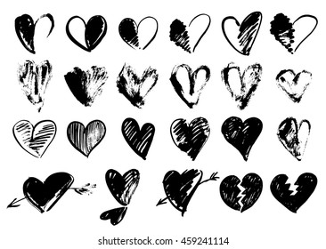 Vector doodle hand-drawn grunge black hearts set, hand drawn heart symbols