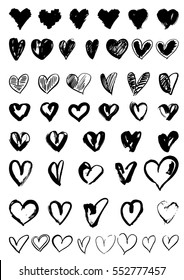 Vector doodle hand-drawn grunge black hearts set
