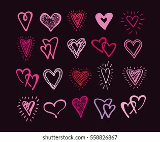 Vector doodle hand-drawn grunge black hearts set. Vector hearts set. Hand drawn.