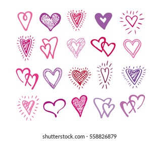 Vector doodle hand-drawn grunge black hearts set. Vector hearts set. Hand drawn.