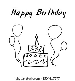 vector doodle Happy birthday with big cakes and balloons.