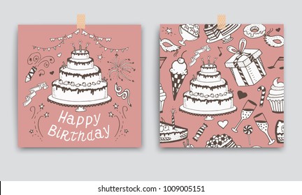 Vector doodle Happy birthday hand drawn of Birthday sweets, party hats, blowouts, cake, balloons and fireworks, boxes and bows set