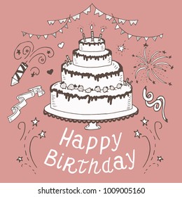 Vector doodle Happy birthday hand drawn of Birthday sweets, party hats, blowouts, cake, balloons and fireworks, boxes and bows set