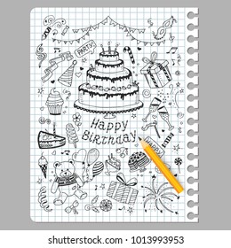Vector doodle Happy birthday hand drawn of Birthday sweets, party hats, blowouts, cake, balloons and fireworks, boxes and bows set
