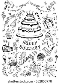 Vector Doodle Happy Birthday Hand Drawn Of Birthday Sweets, Party Hats, Blowouts, Cake, Balloons And Fireworks, Boxes And Bows Set